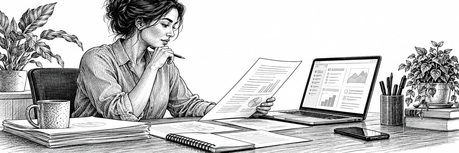 Ilustração de uma pausa de trabalho, entre papéis e plantas.